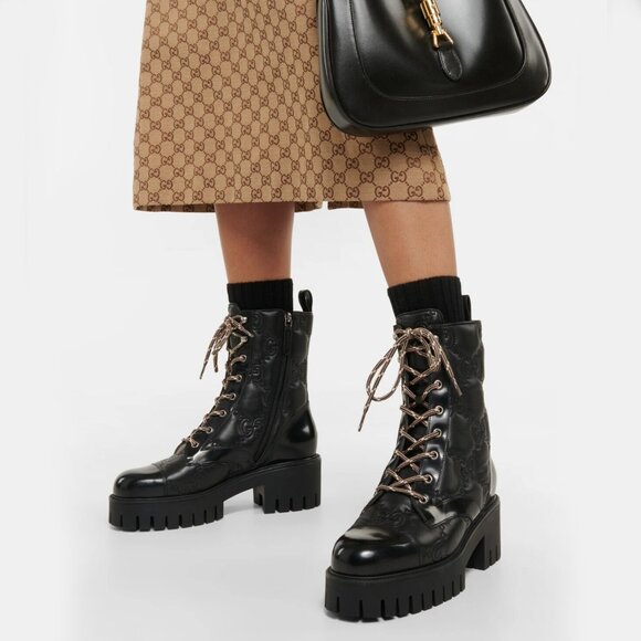 GUCCI BOOTS ANKLE BLACK GG LOGO LEATHER QUILTED LACE-UP sz 39.5 9.5 US - Picture 2 of 16